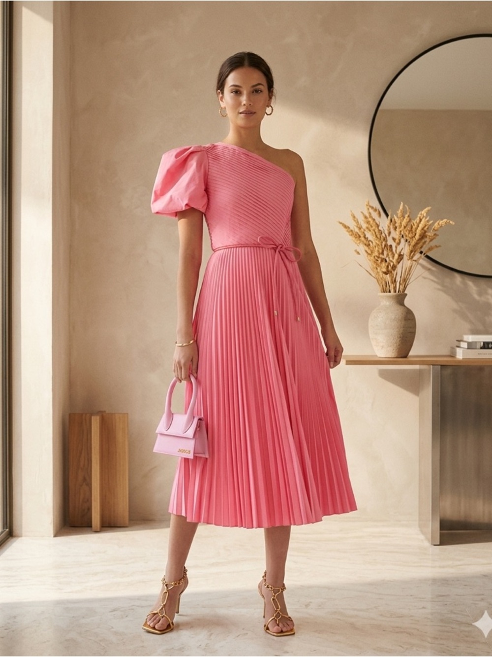 Rebecca Vallance Rosa Pink One Shoulder Pleated Midi Dress NWT US 6